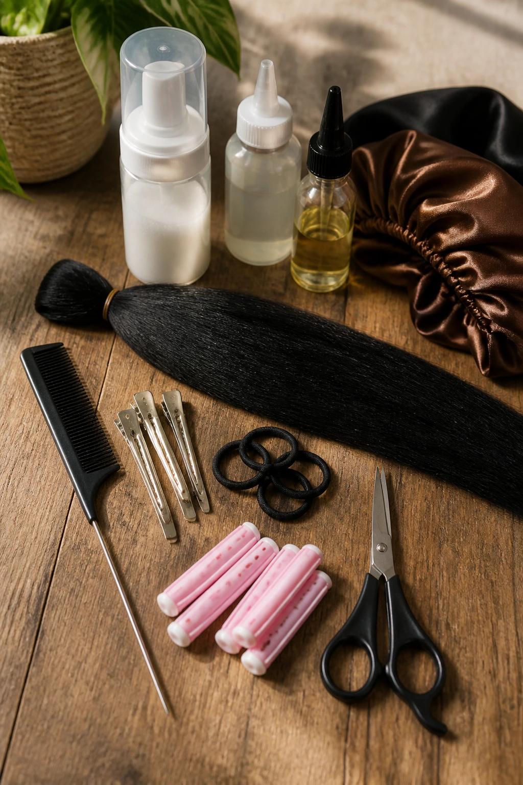 Still life of essential braiding tools on wood surface