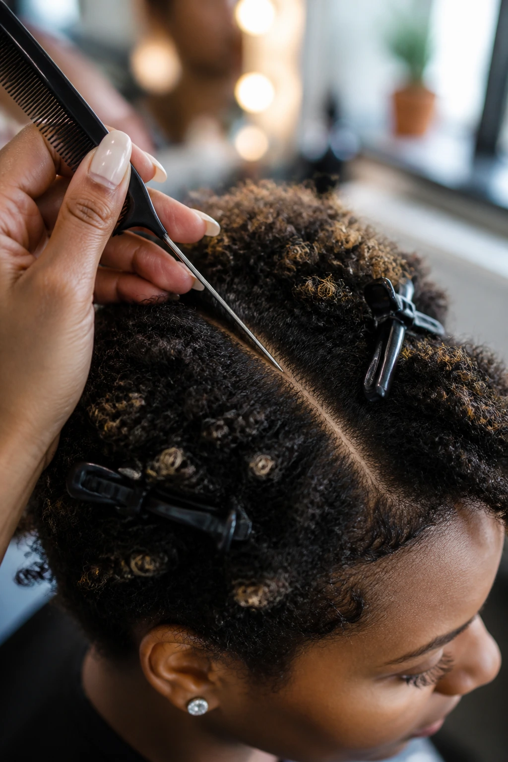 Hand using rat-tail comb to part short-coil hair in salon