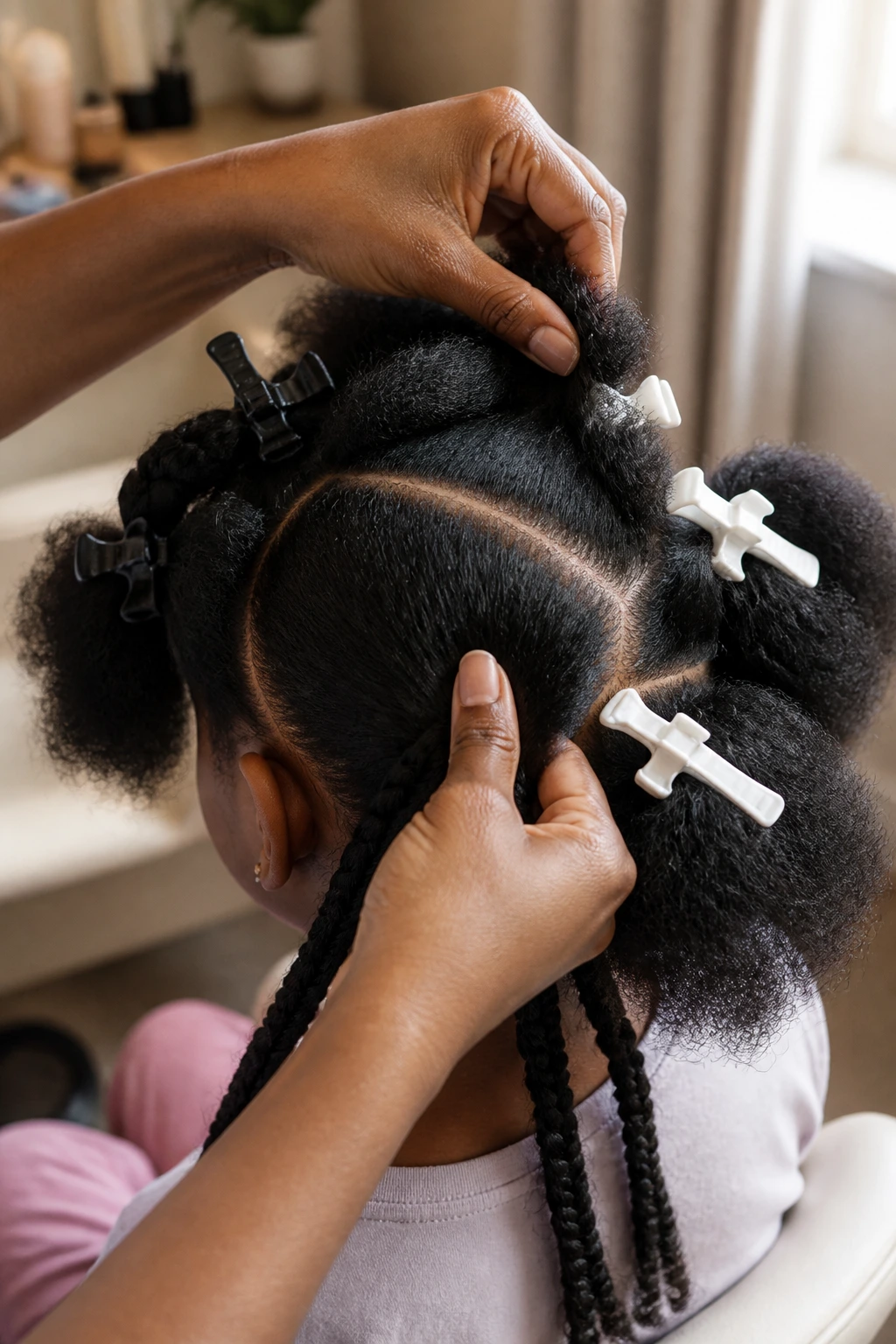 Close-up of hands pre-sectioning thick hair with clips on a real person