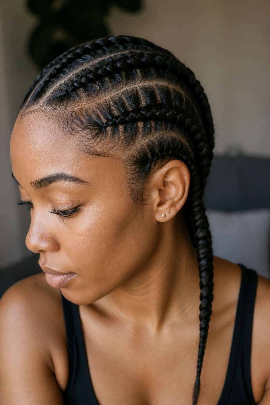 Real person wearing neatly styled Dutch braids with subtle accessories
