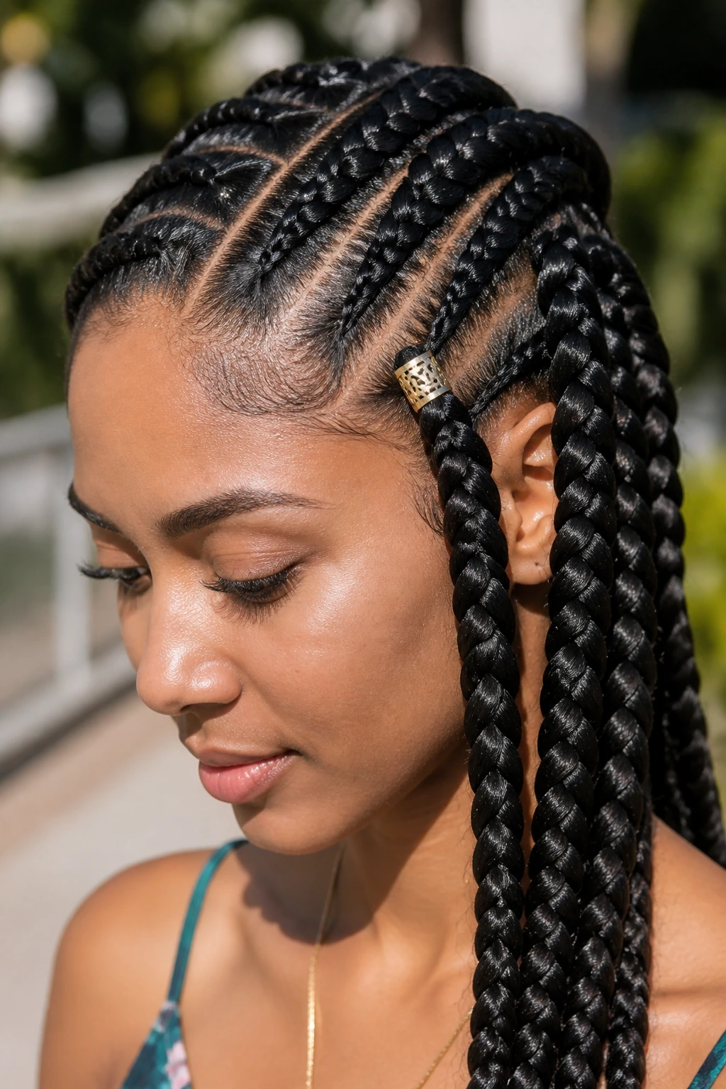 Close-up of a real woman with a single bead accent in a black French braid
