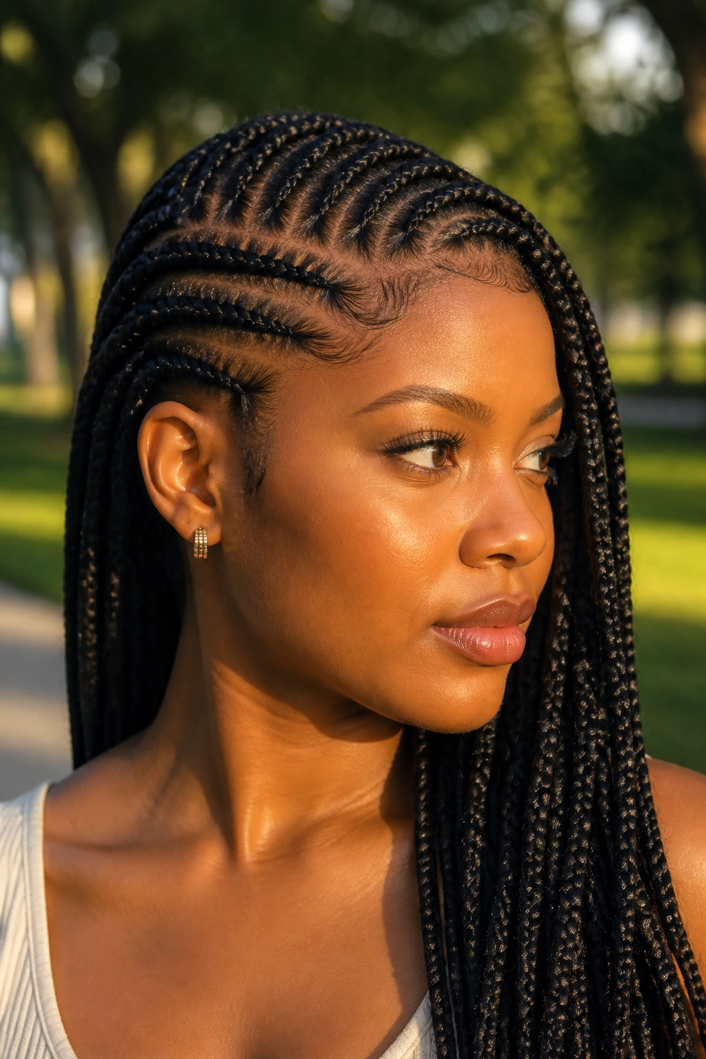 Diagonal-part crown braids on square-faced woman in outdoor park
