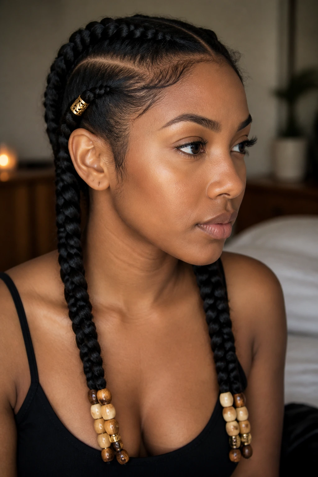 Close-up of real woman with beaded braids and cuffs at ends
