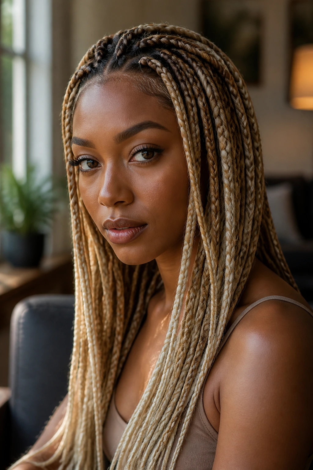 Portrait of a woman with braided blonde variations in honey, sand, and creamy tones