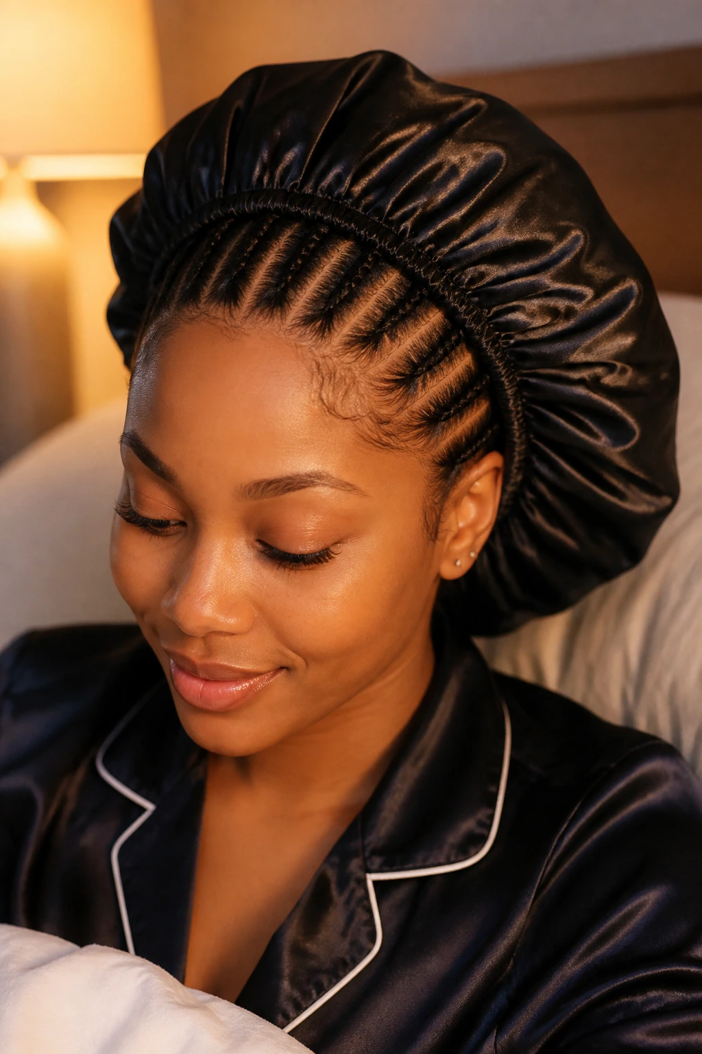 Close-up of a woman wearing a satin bonnet with braids peeking out