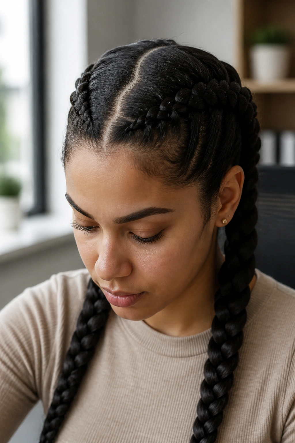 Close-up of a woman with boxer braids and a zigzag part in an office setting