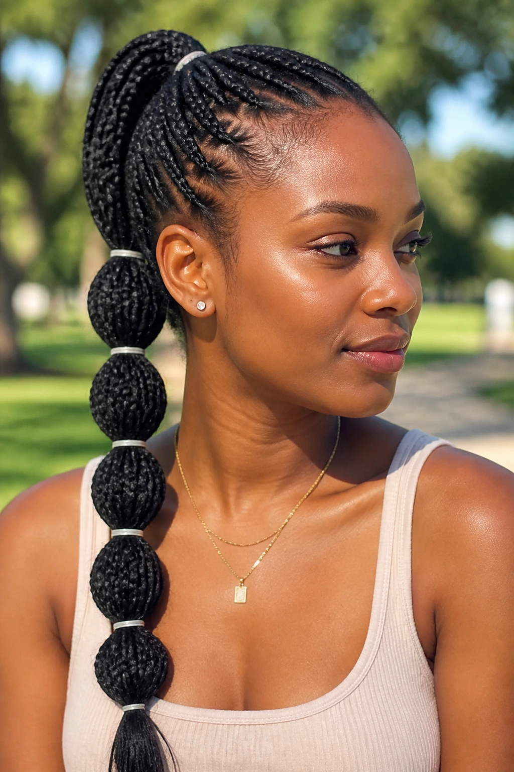Three-quarter portrait of a woman with bubble ponytail braids in a sunny park