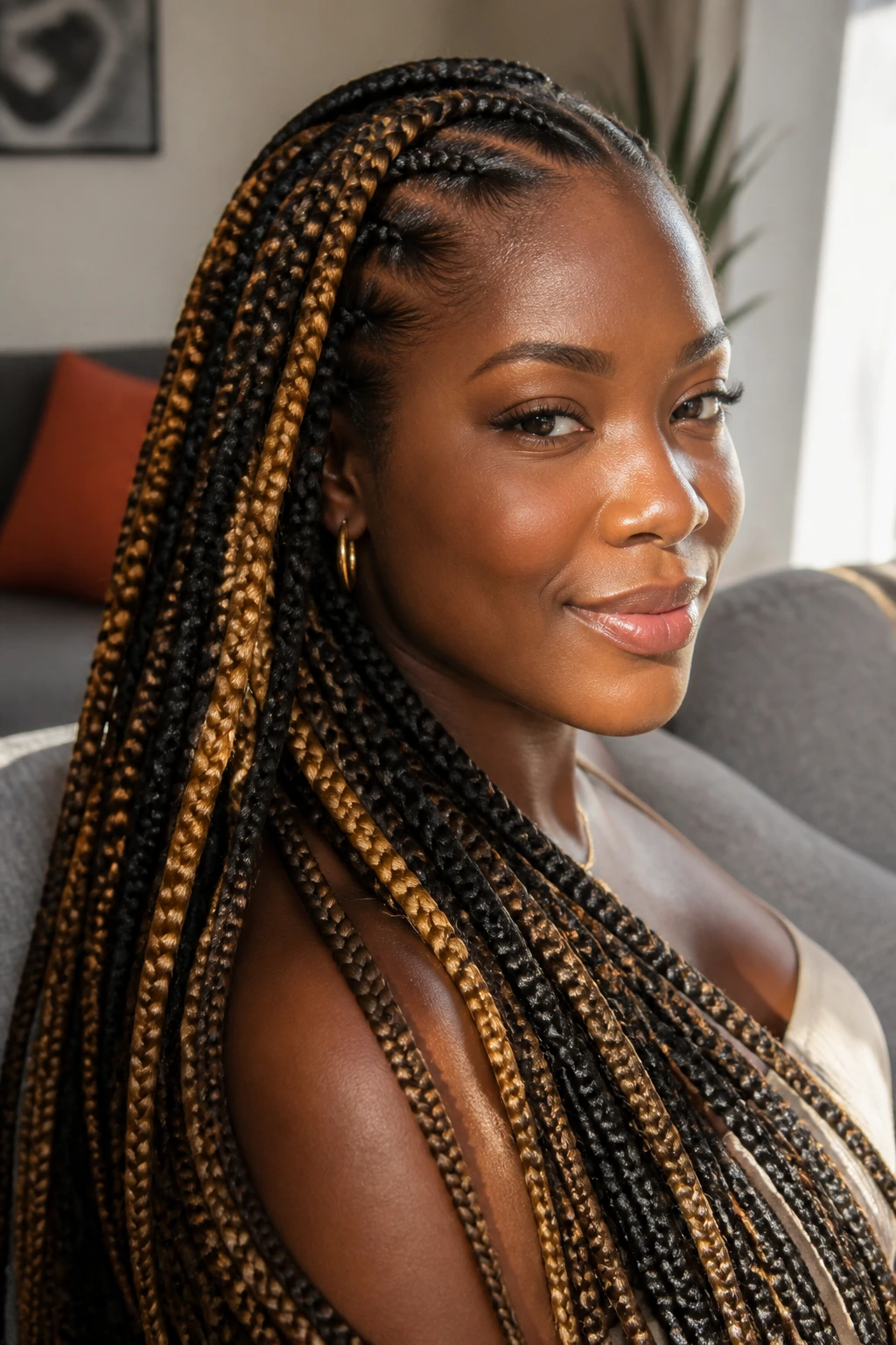 Close-up of a real woman's braids with caramel feed-in threads.