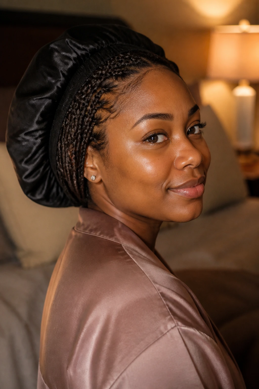 Woman wearing satin bonnet protecting braids in bedroom