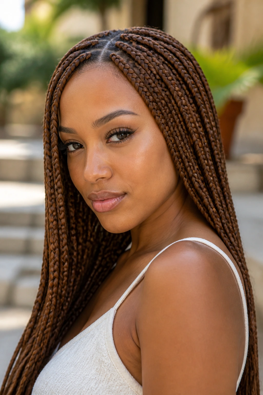 Close-up of a real woman with chestnut brown braids outdoors in soft sunlight