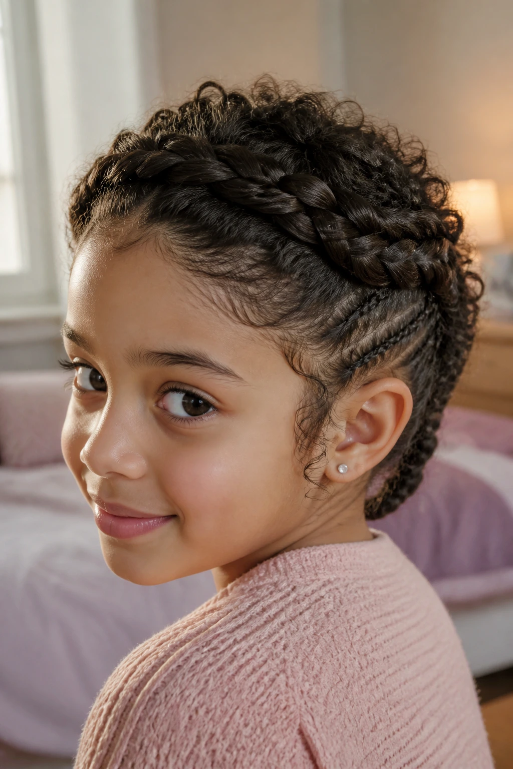 Close-up of a young girl with curly hair styled in halo crown and side cornrow