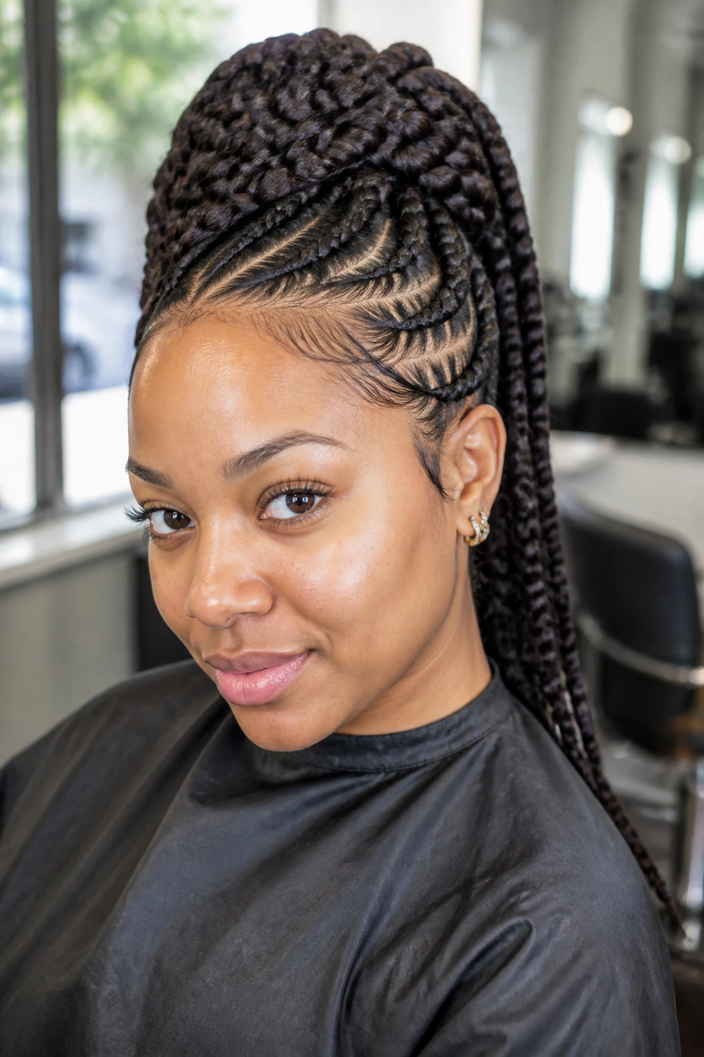 Portrait of a person with a crown braid that holds its shape in a sunlit salon