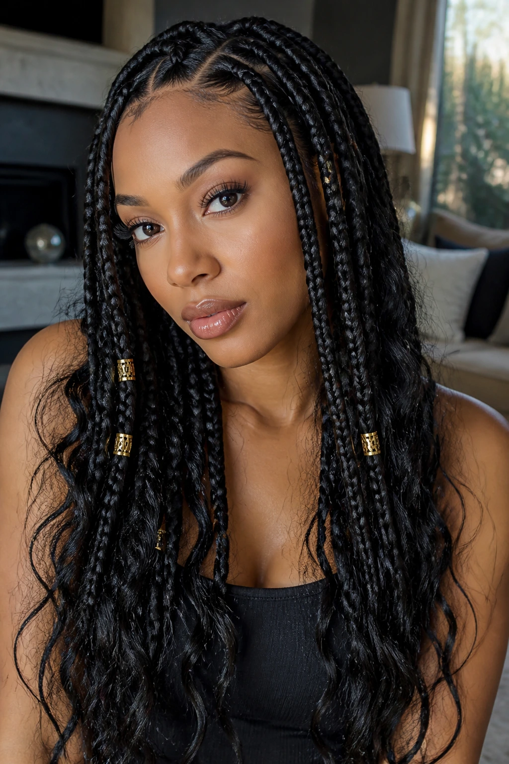 Close-up of a real woman with black braids wrapped in gold cuffs