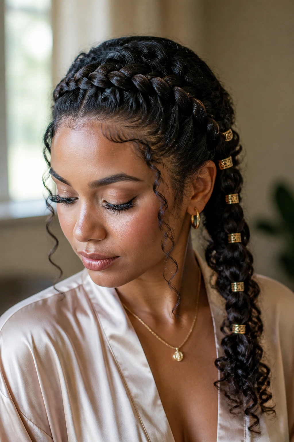Close-up of a real woman's head showing braided crown and side braid with gold cuffs under natural light