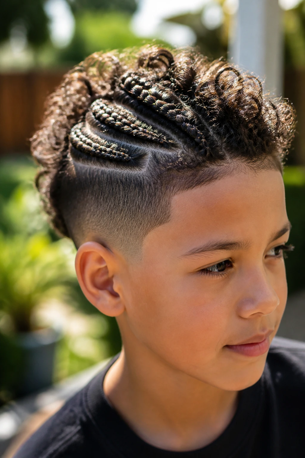 Portrait of a child with braids and curls under a low taper fade