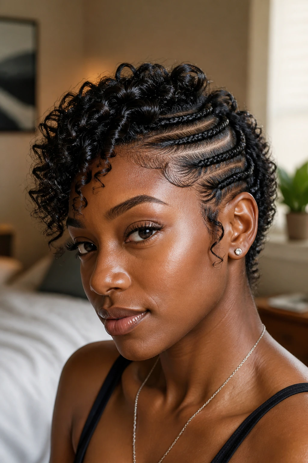Close-up portrait of a real person with short natural hair braided in cornrows with loose curls.