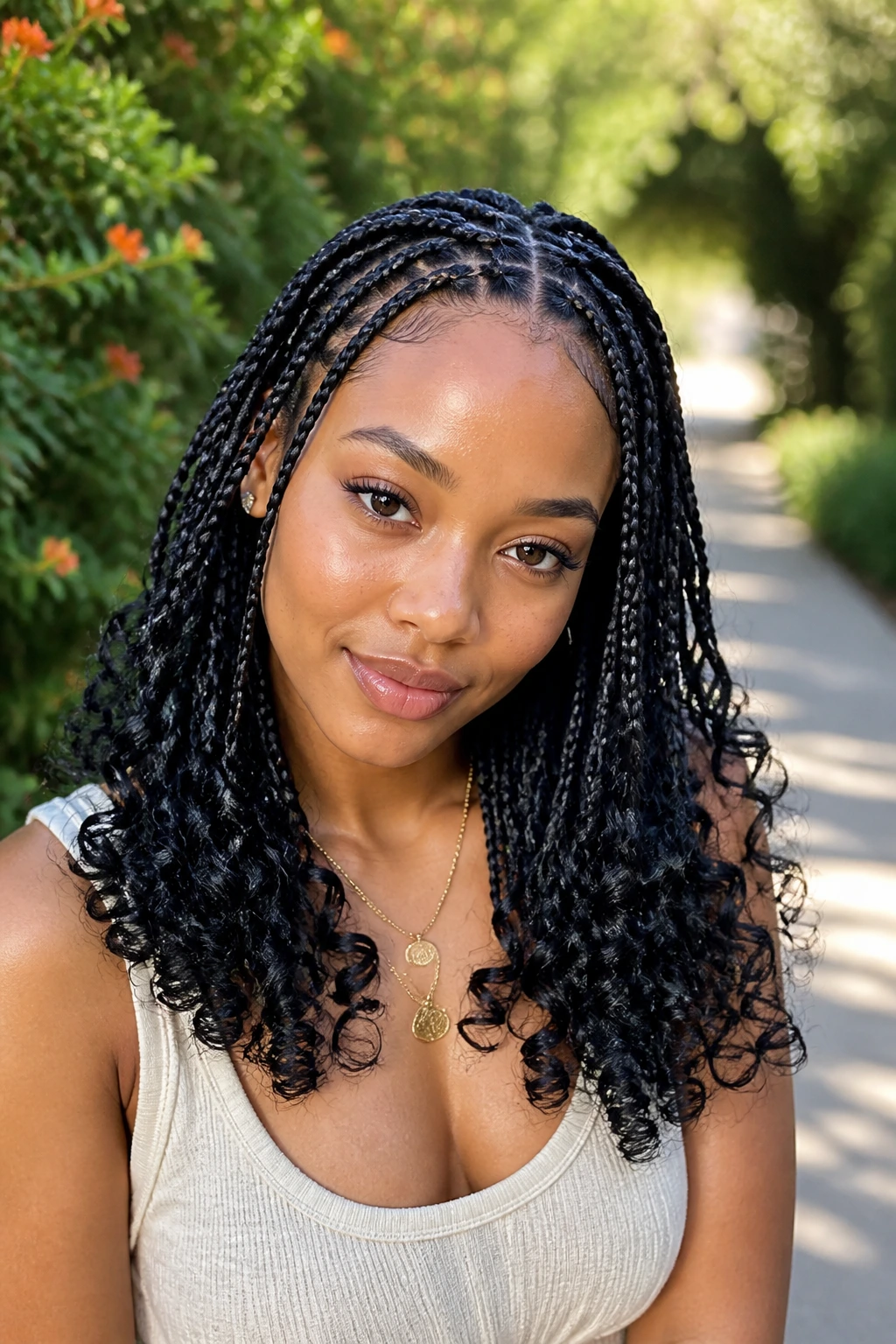 Close-up of braids with curly ends on a real person outdoors