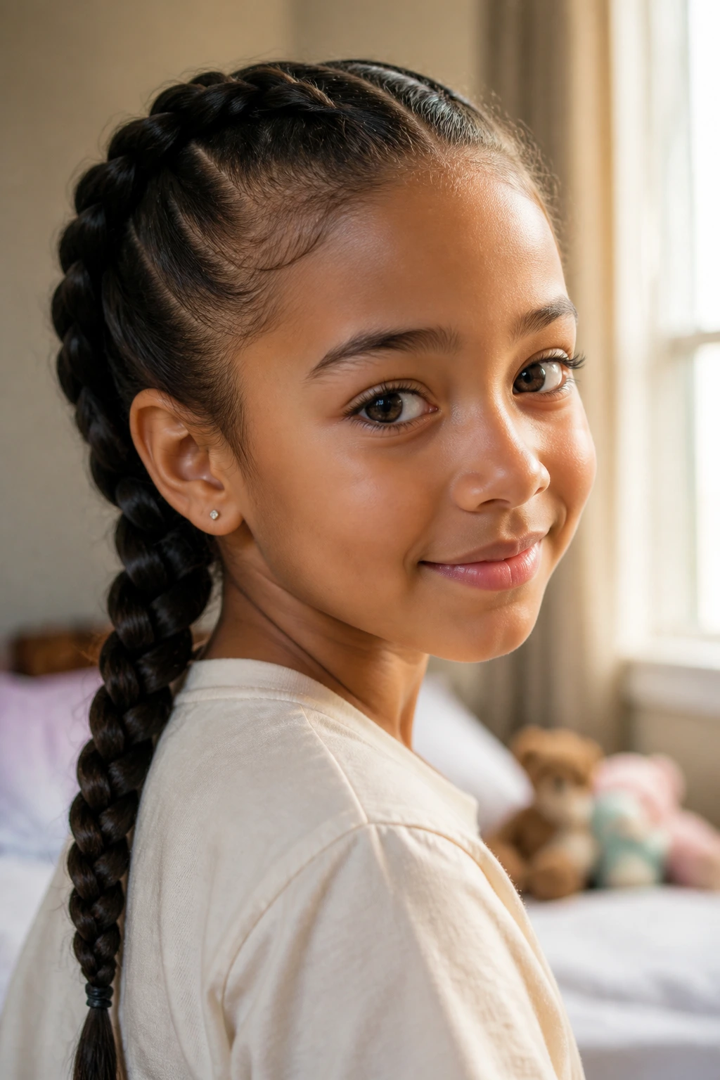 Close-up of a real child's face with a neat French braid keeping curls away from eyes