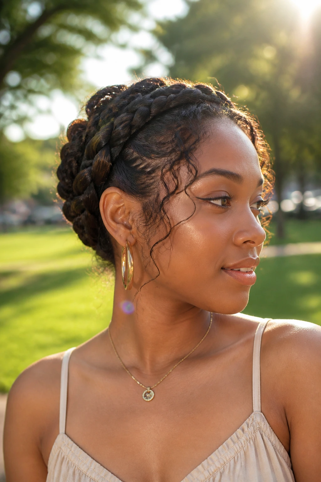 Close-up of a woman with a braided crown keeping hair off the neck in bright outdoor light.