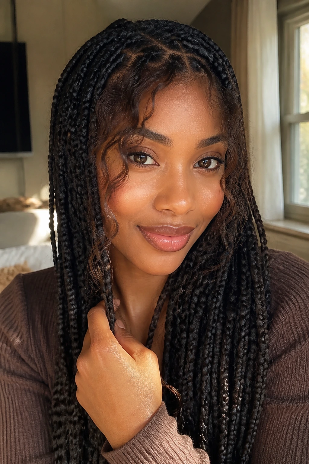Close-up of a real woman with a curtain bangs braided hairstyle framing her face