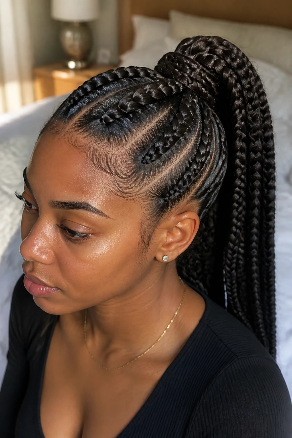 Close-up of a real Black woman's head showing raised Dutch braid ridge and anchored ponytail