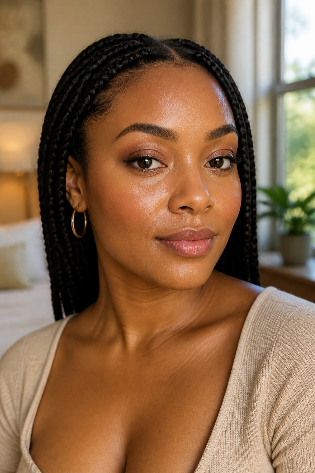 Portrait of a person with braids, earrings, and an open neckline