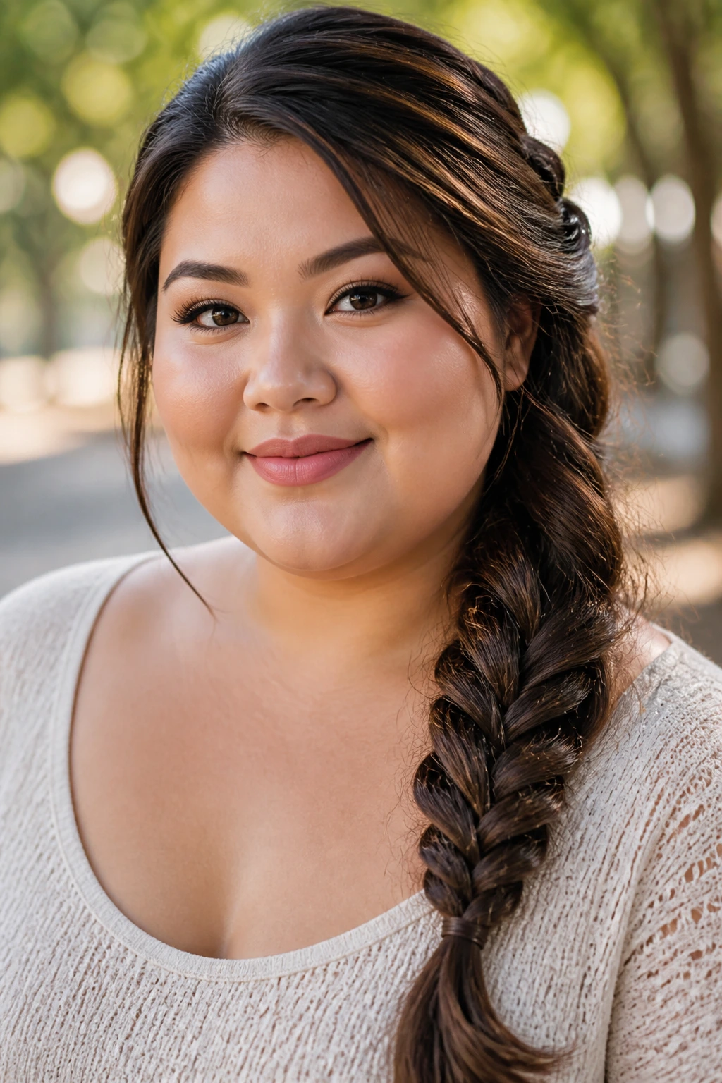 Portrait of a real woman with a diagonal side braid that flatters a round face