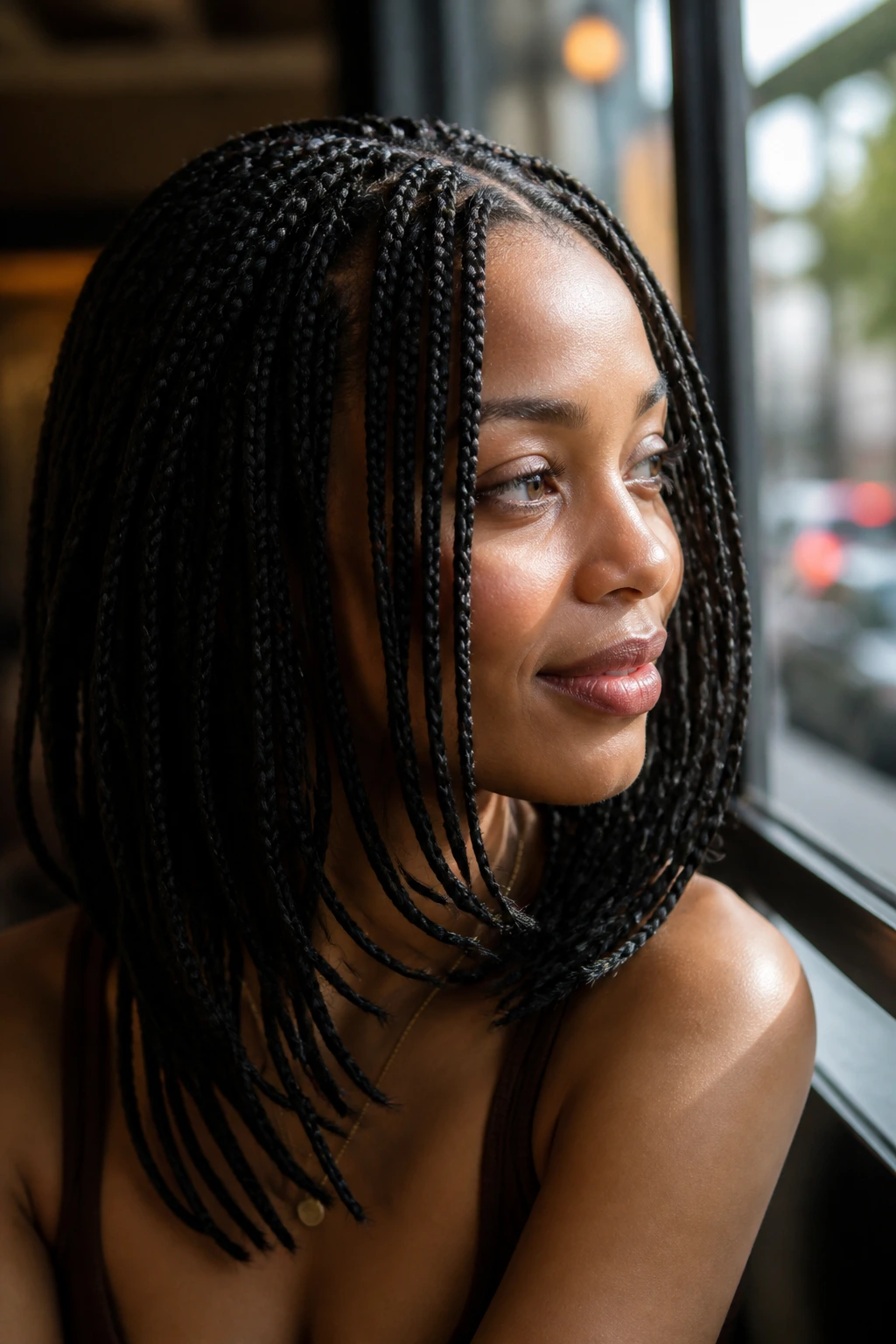 Close-up of a real woman with front face-framing layered braids near her cheeks