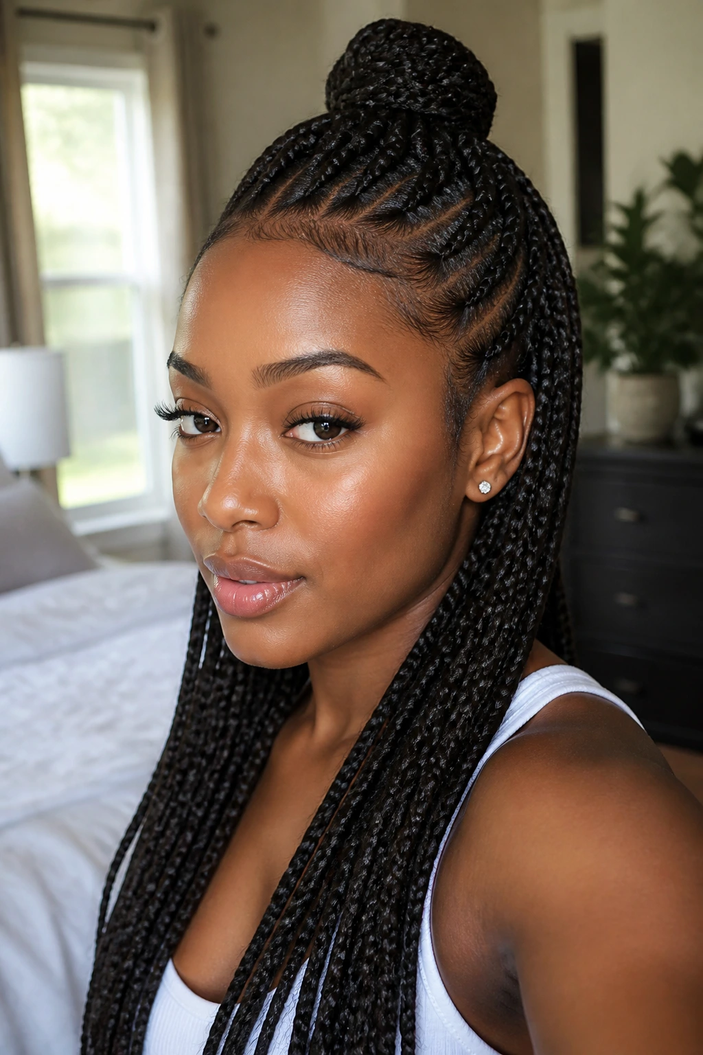 Close-up of a real woman with a high crown braid illustrating face-shaping effects, natural window light