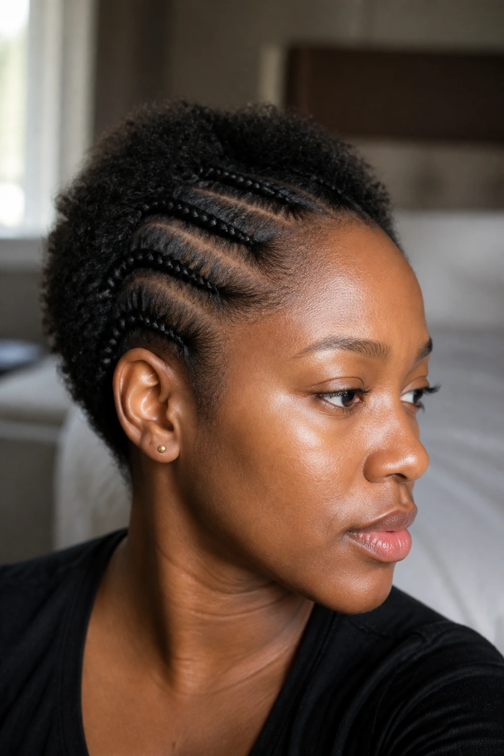 Close-up of fine 4C hair with slim flat braids along the hairline highlighting low tension