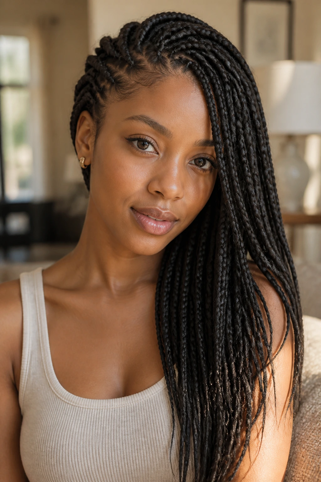 Close-up of a real woman with deep side-swept box braids cascading over one shoulder in warm window light.