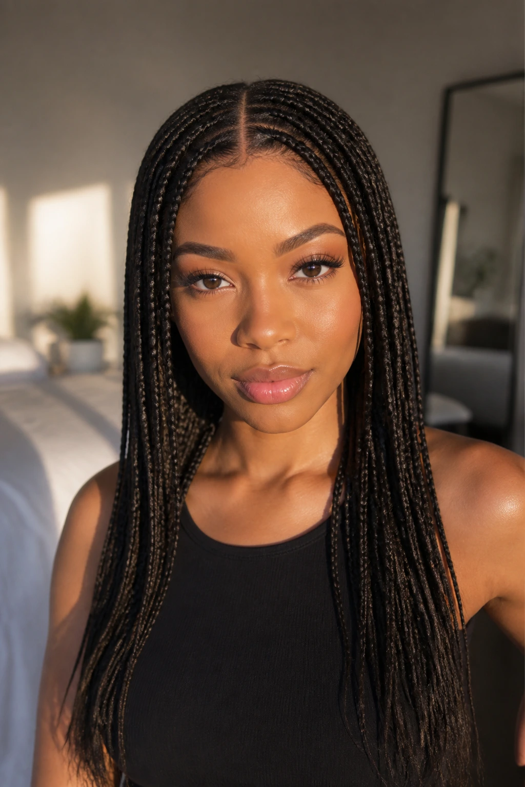Close-up of a real woman with a center-part braid frame in warm window light.