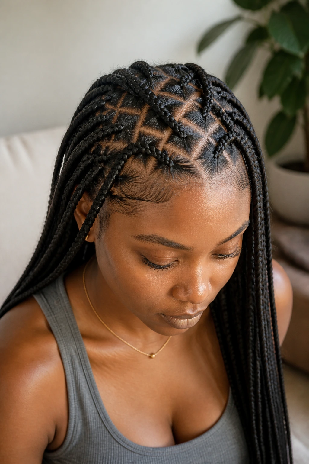 Close-up of a real woman with crisscross-part braids near the front in warm indoor light.