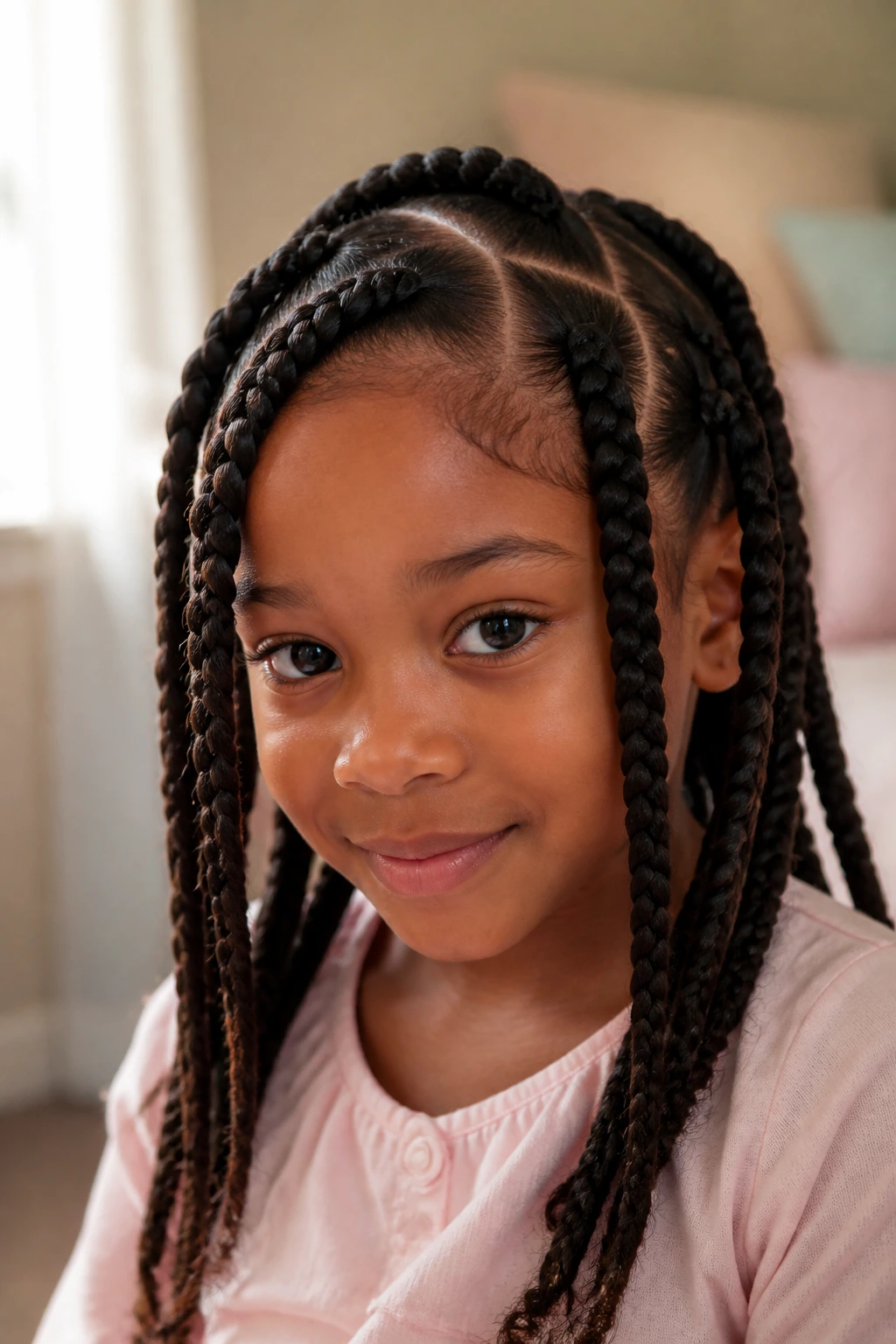 Close-up of large braids on a child's fine hair in a cozy bedroom