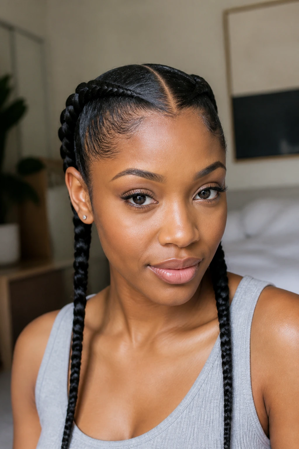 Close-up of two slim pigtail braids with a center part on a real Black woman