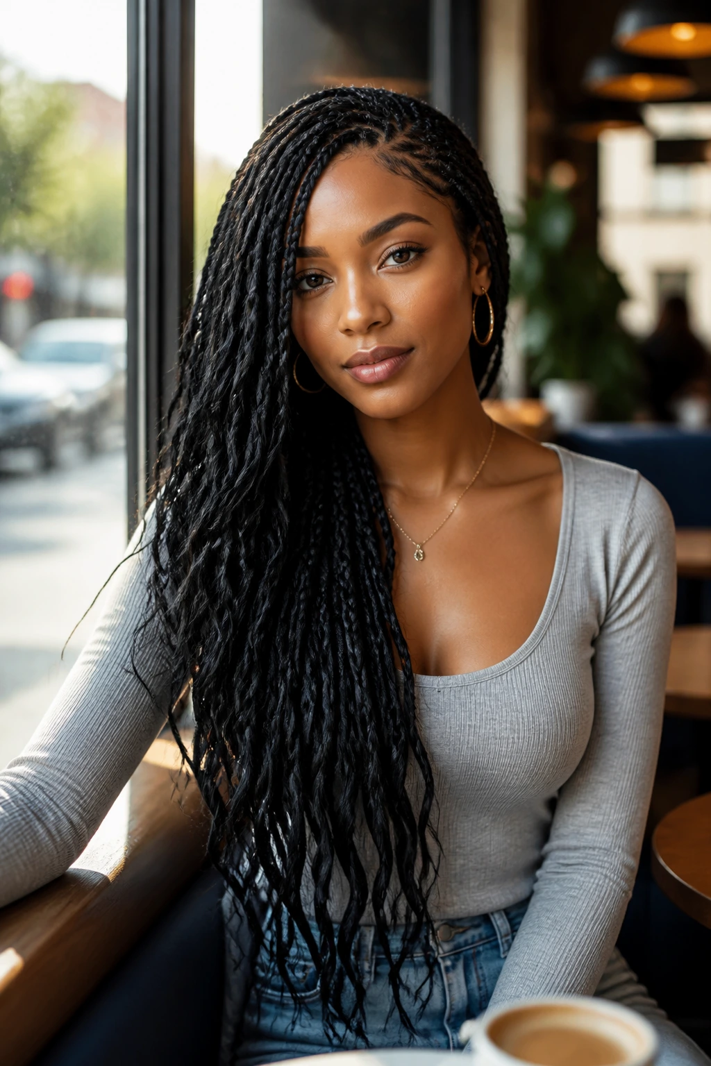 Real woman with side-parted waist-length braids at a cafe
