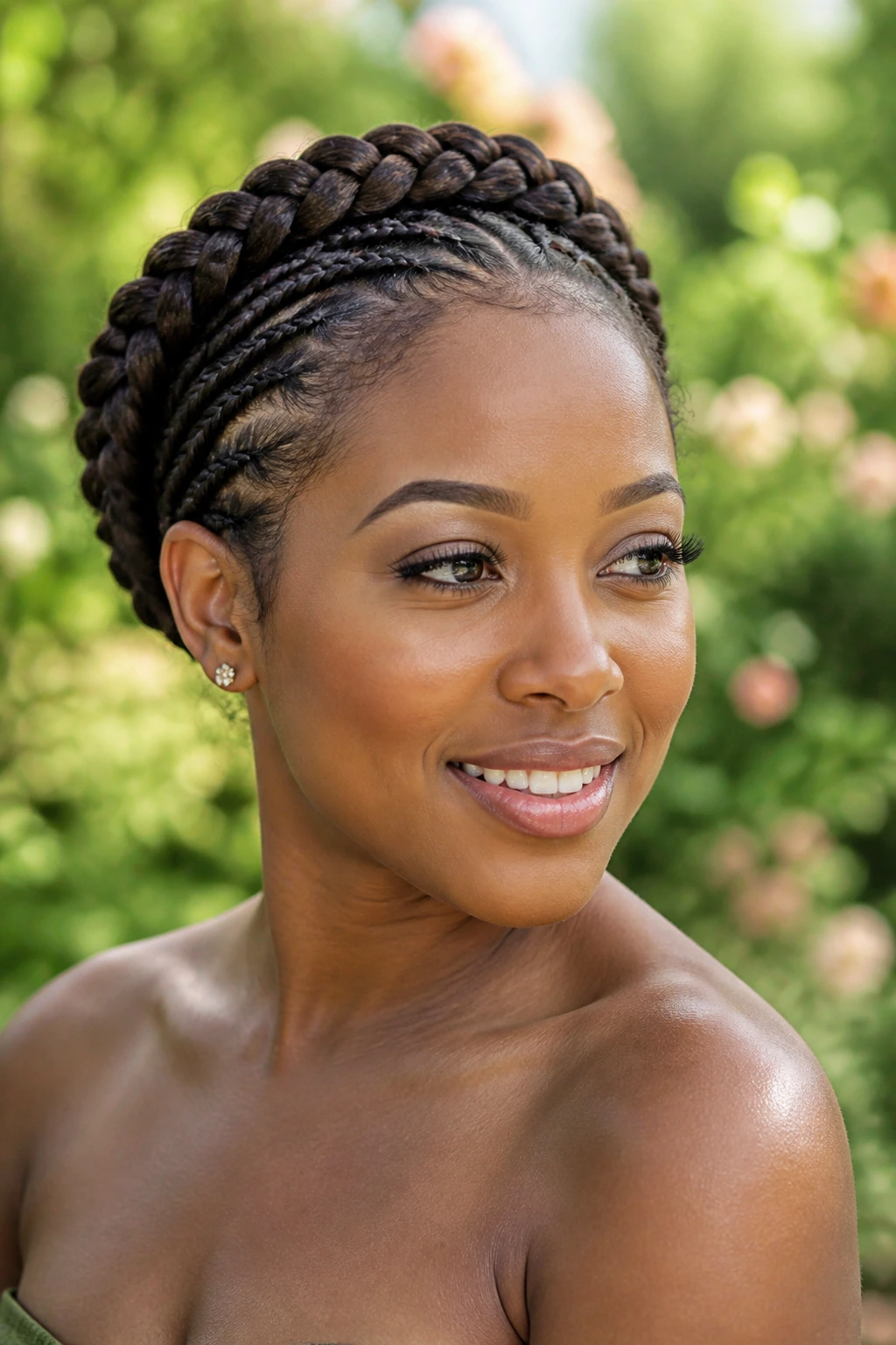 Close-up of a real woman with halo crown braid encircling her head