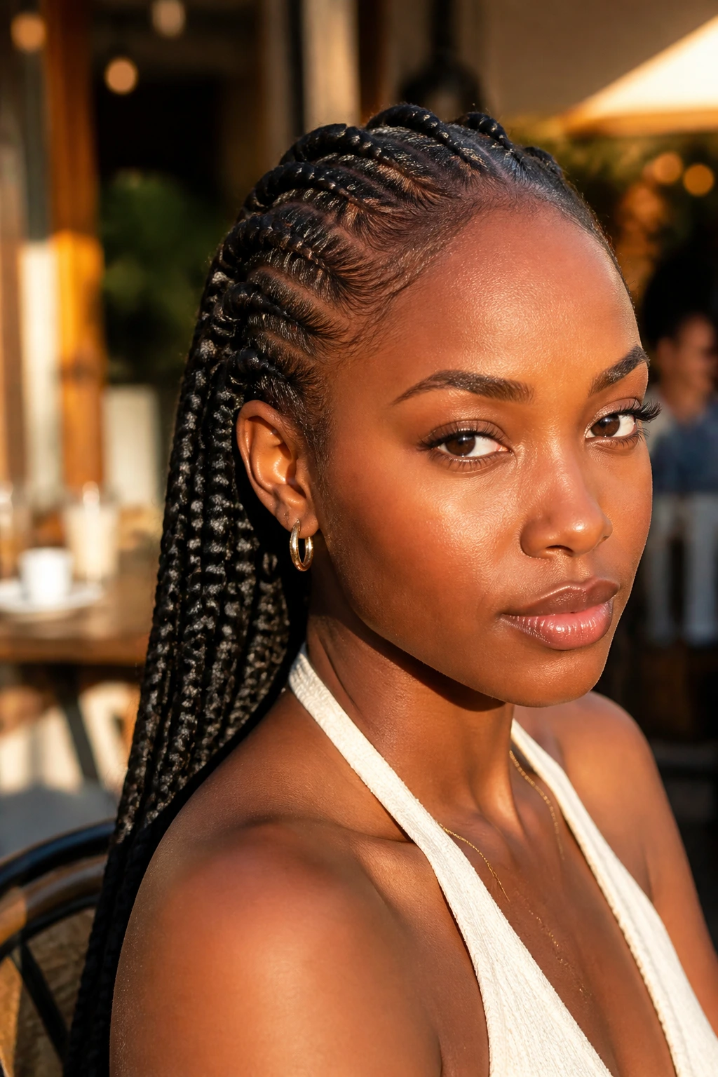 Close-up portrait of a real woman with black French braids designed for heat protection in outdoors golden hour light