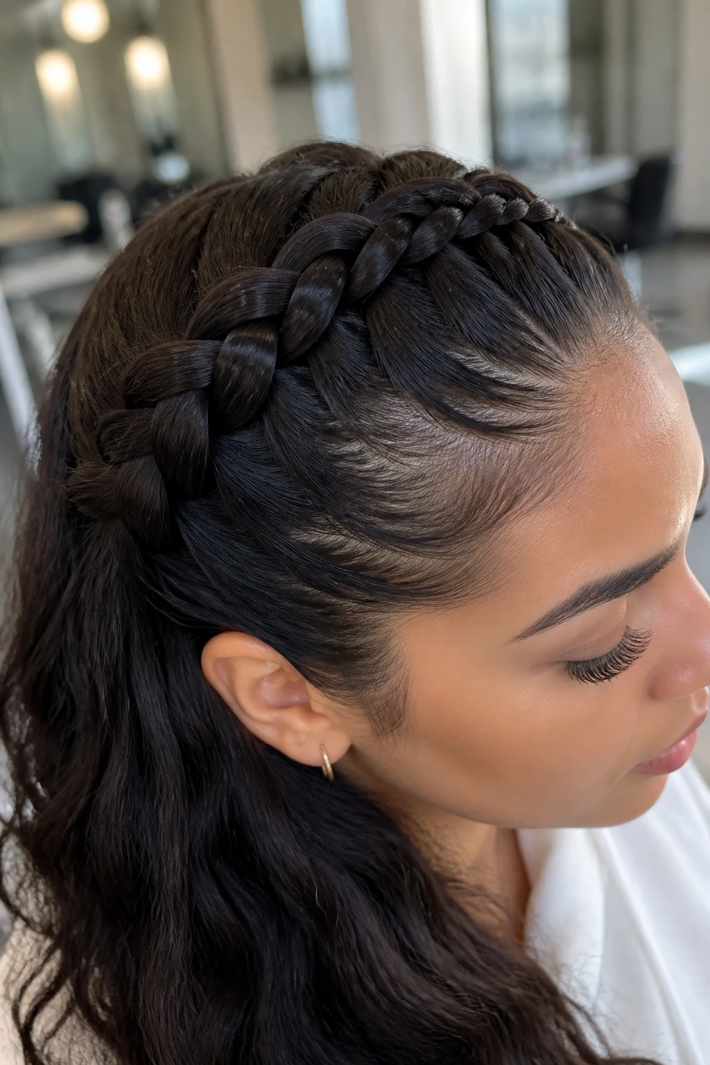 Close-up of a real person with a neat Dutch braid along the scalp