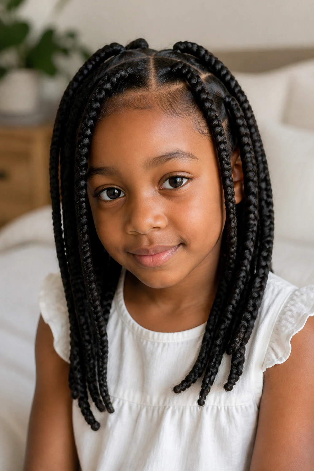 Close-up of a real girl with large, lightweight braids that hold their shape in soft light.