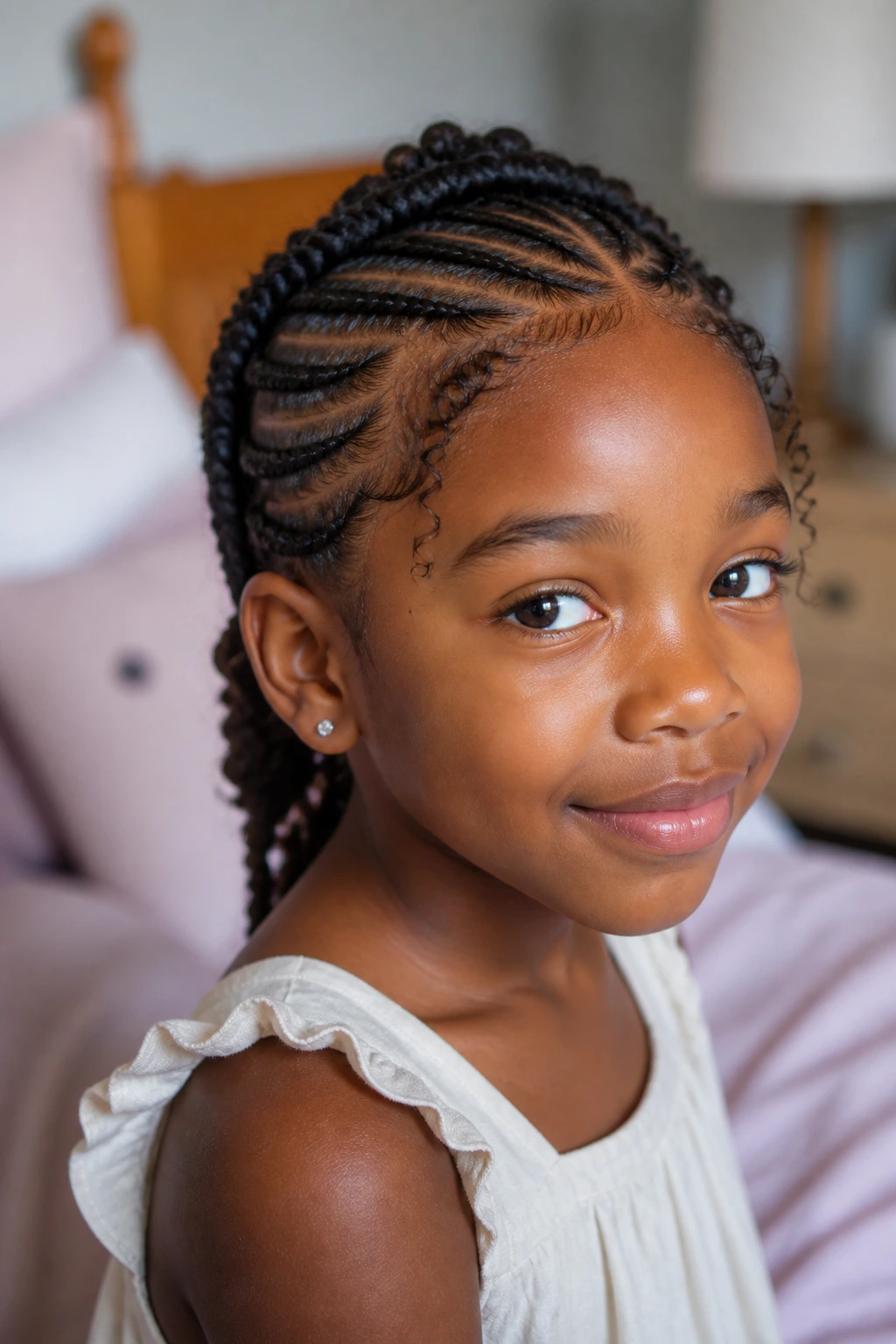 Child with neat protective braids filling the frame in a cozy morning bedroom