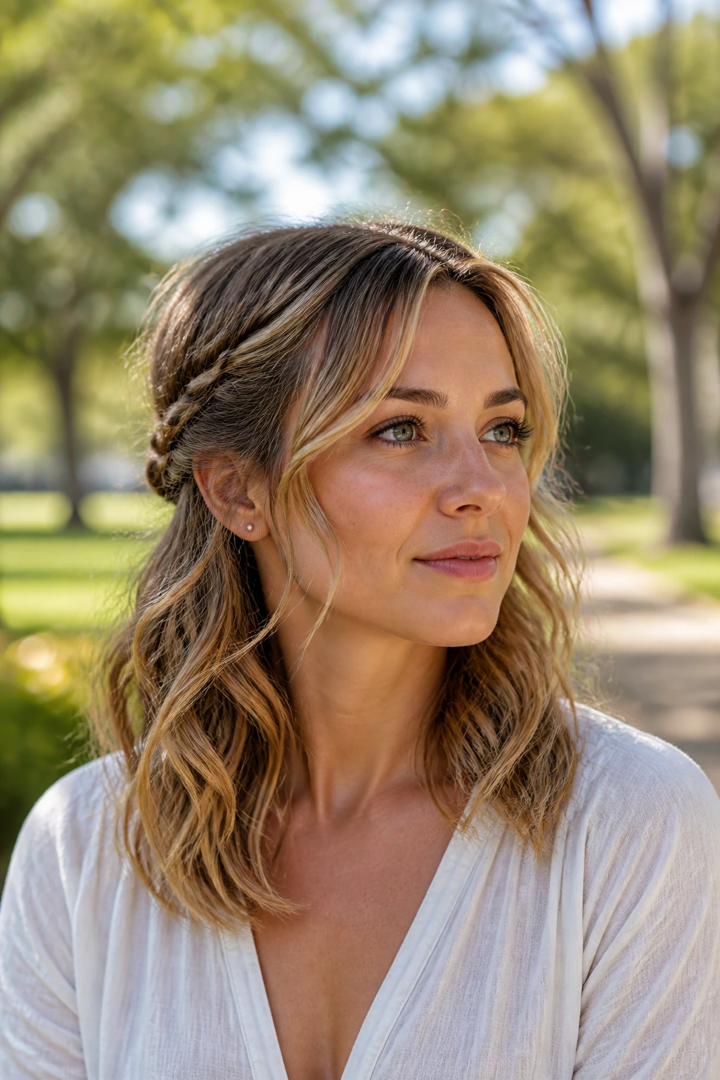 Close-up of a woman with two loose braids transitioning into soft waves