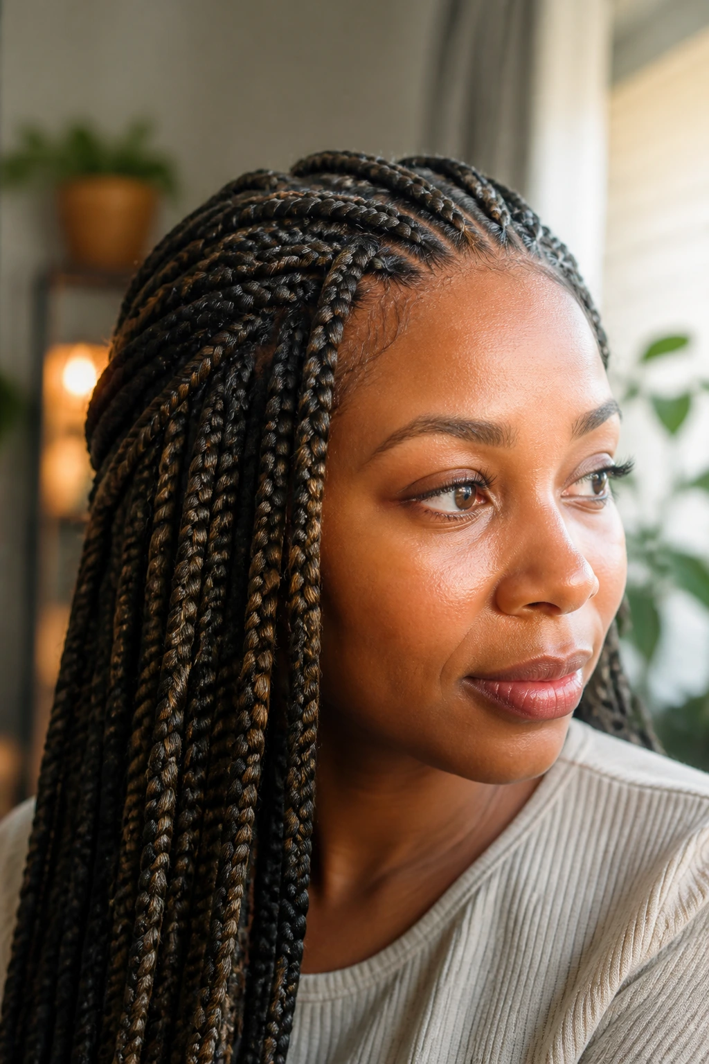Close-up of braids with lowlights on a real person in natural light