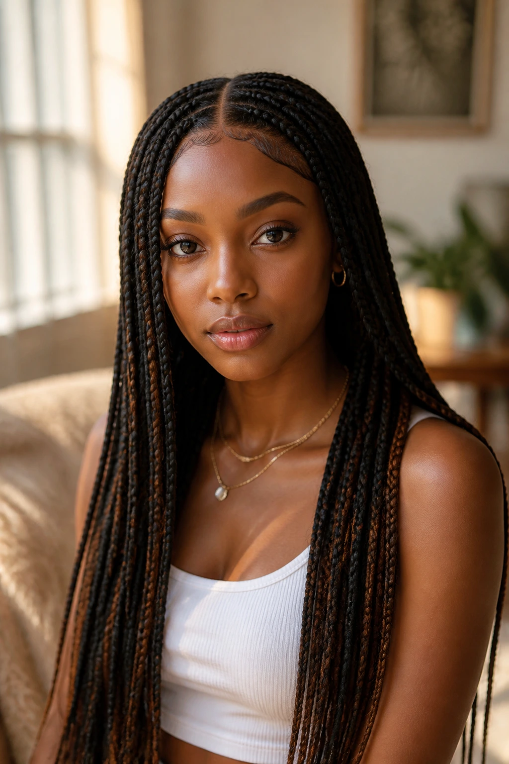 Portrait of woman with long braids and middle part