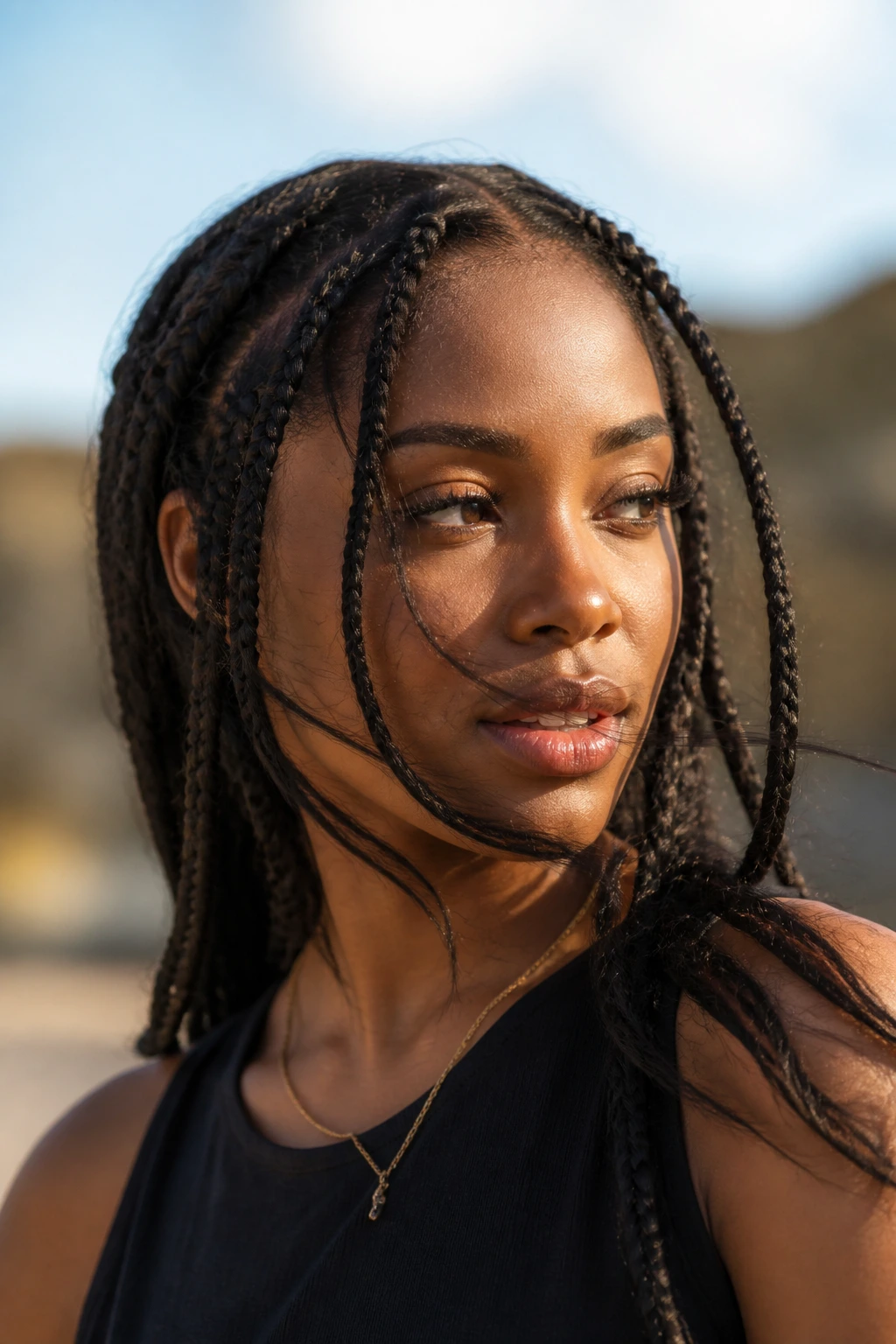 Close-up of a real person with face-framing Dutch braids and moving, soft hair in warm outdoor light