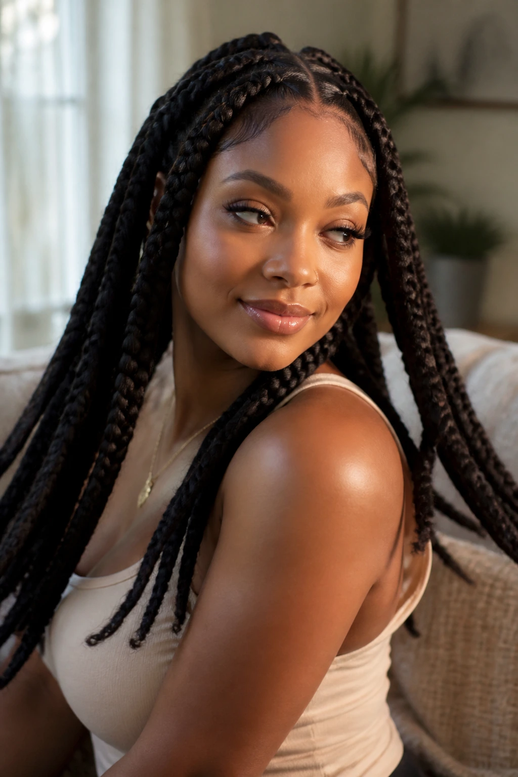 Real person with jumbo braids turning head, showing movement and shape.