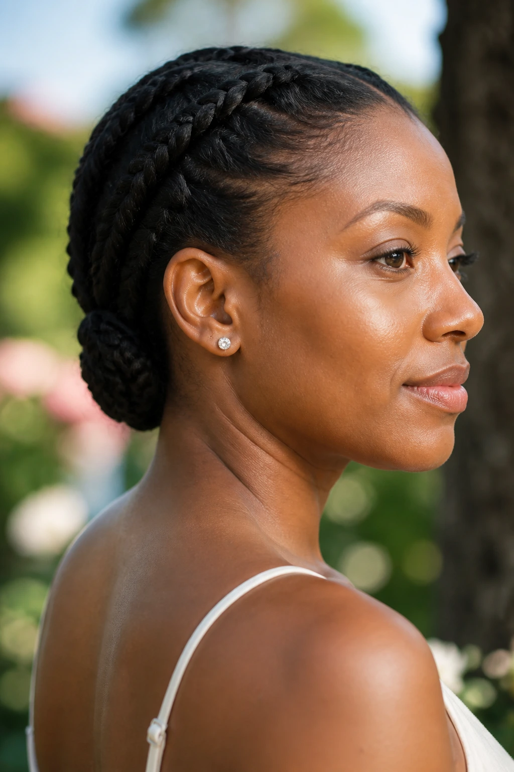 Close-up of a real woman's neck with black French braid extensions at the nape in a sunlit garden