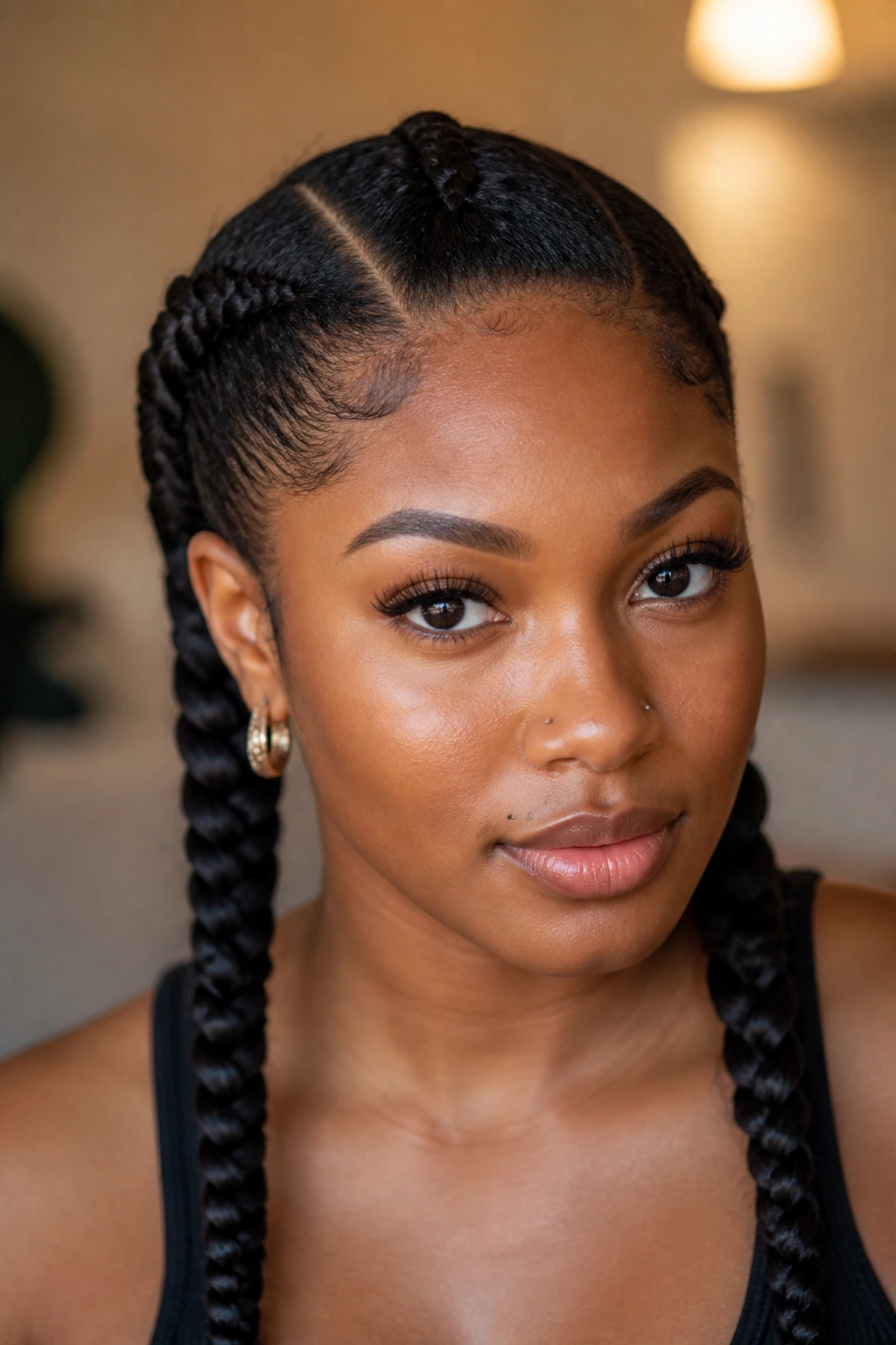 Portrait of a woman demonstrating a small style move with an off-center part and diagonal braid path.