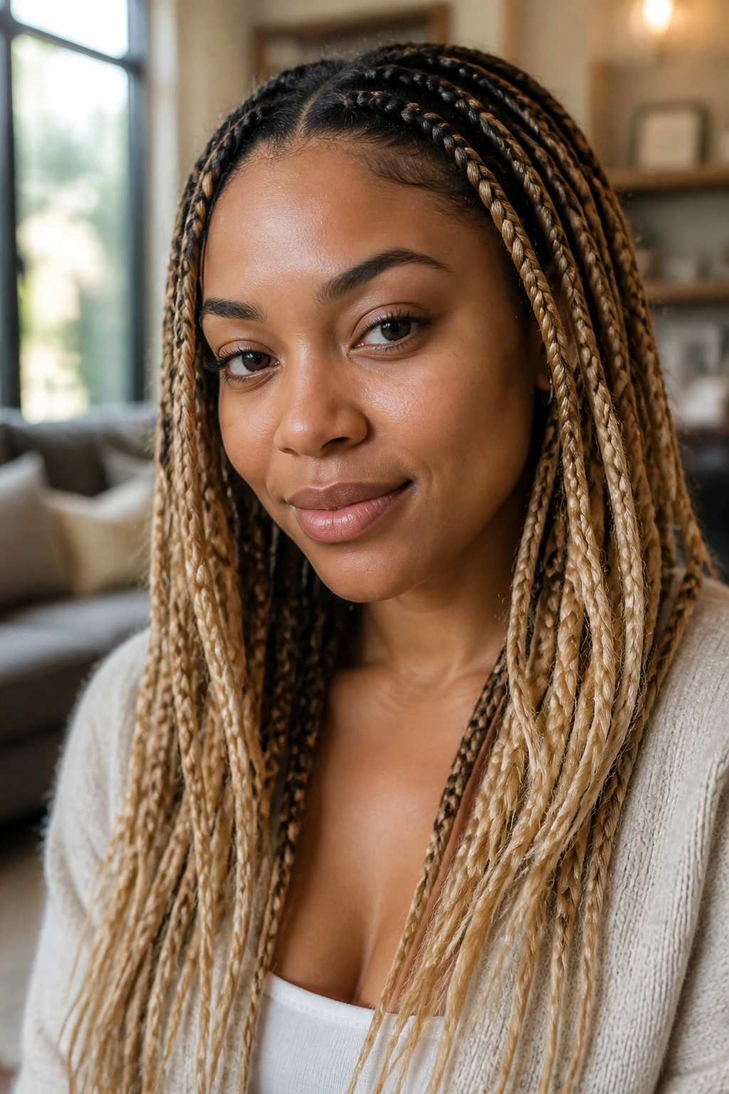 Close-up of a real woman with honey-blonde ombré box braids in warm window light