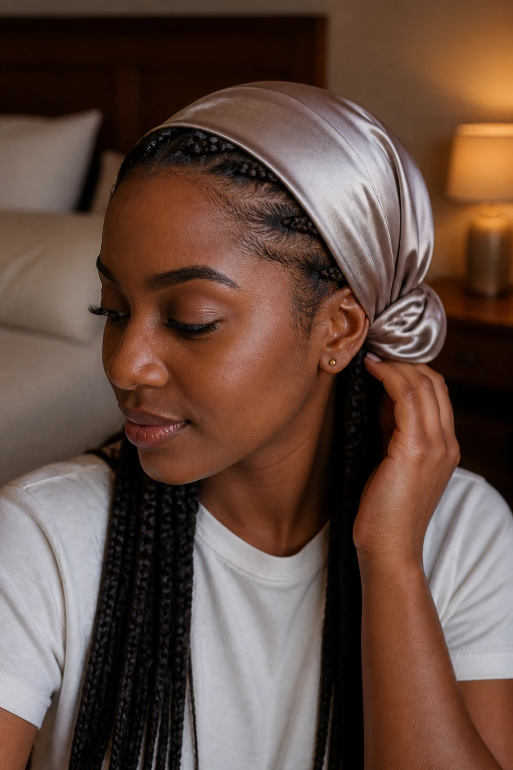 Woman wearing satin scarf protecting braided hair overnight in a cozy bedroom